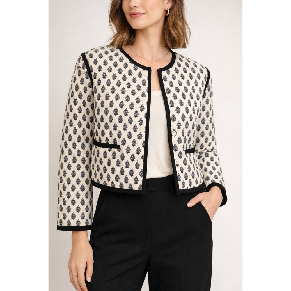 Divided H&M Cropped Jacket NWT Black Ivory Print Contrast Trim Size S